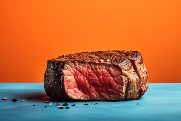 Ein Stück Steak liegt auf einem blauen Tisch mit orangefarbenem Hintergrund.