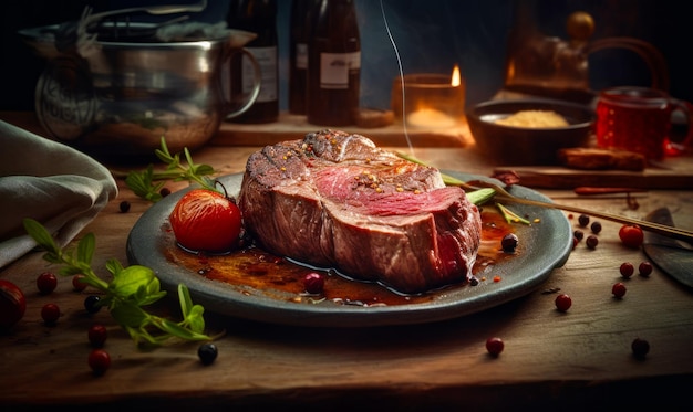 Ein Stück Steak liegt auf einem Teller neben einer generativen Tomaten-KI