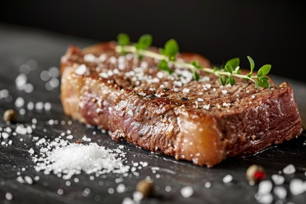 Foto ein stück steak mit parmesan-zweigen auf einem saftigen new york strip-steak, begleitet von einem spritzer meersalz und pfeffer, ki-generiert