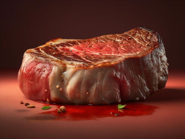 Ein Stück Steak mit rotem Hintergrund und der Aufschrift „Steak“ darauf