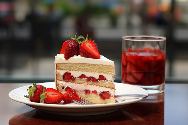 Foto ein stück süßkuchen mit rotem löffel auf einem weißen teller