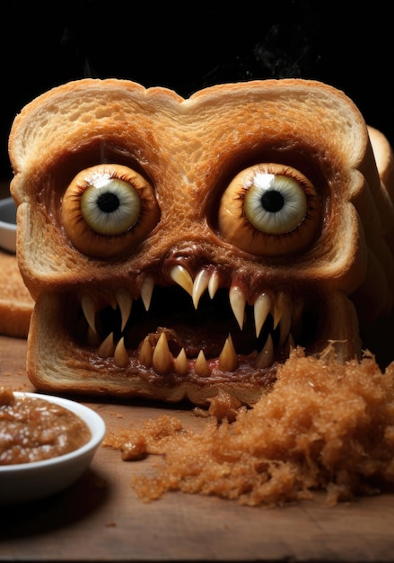 Foto ein stück toast mit einem monstergesicht darauf