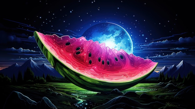 ein Stück Wassermelone in der Nacht gegen Mondlicht Fantasy-Konzept Illustrationsmalerei
