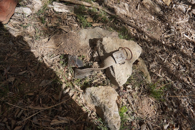 Ein Stück zerbrochenes Metall liegt vor einem Baum auf dem Boden.