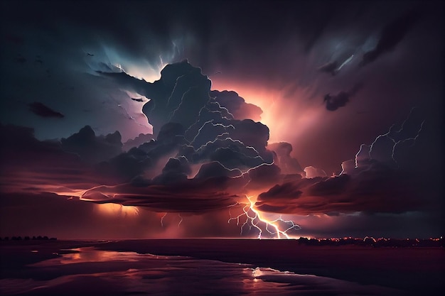 Ein stürmischer Himmel mit mehreren Blitzeinschlägen von Wolke zu Erde. Generative KI