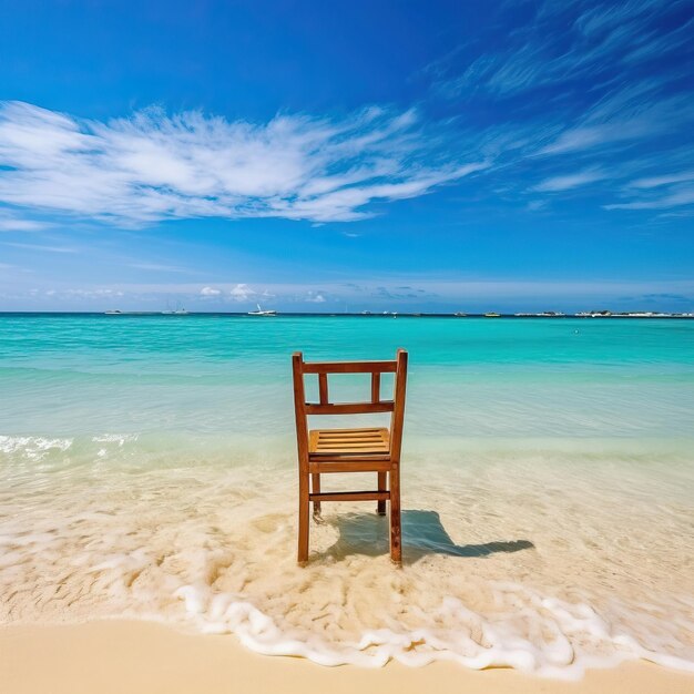 Ein Stuhl am Strand mit dem Meer im Hintergrund.