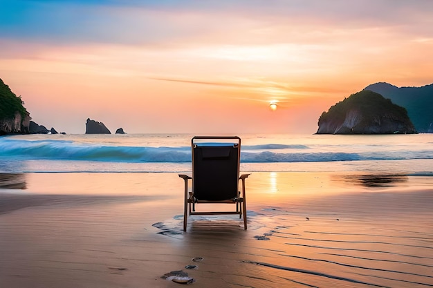 Foto ein stuhl am strand mit dem meer im hintergrund
