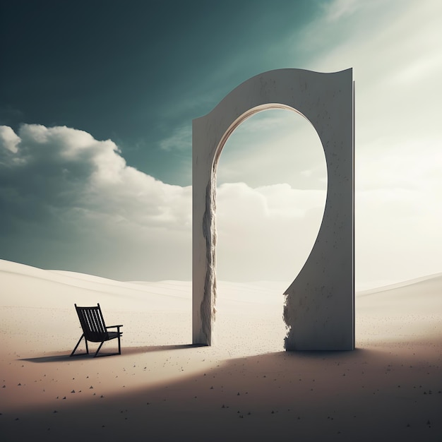 Ein Stuhl in der Wüste mit einem großen Bogen in der Mitte.