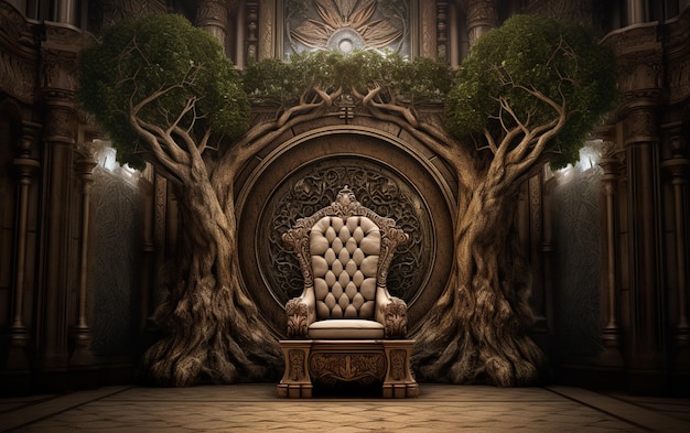 Ein Stuhl in einem Schloss, auf dem ein Baum wächst