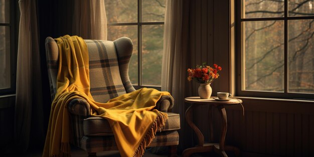 Ein Stuhl mit einer Decke darauf neben einem Fenster