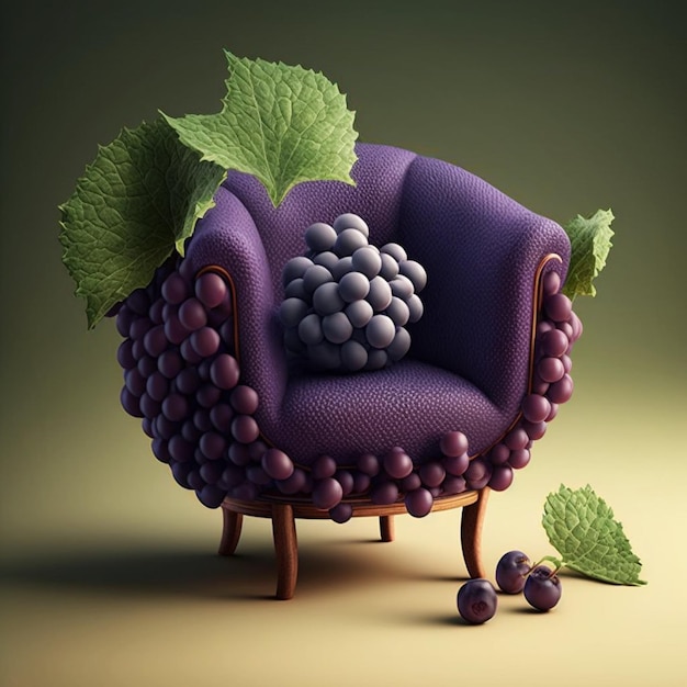 Ein Stuhl mit Weintrauben darauf und eine Weintraube auf der Sitzfläche.