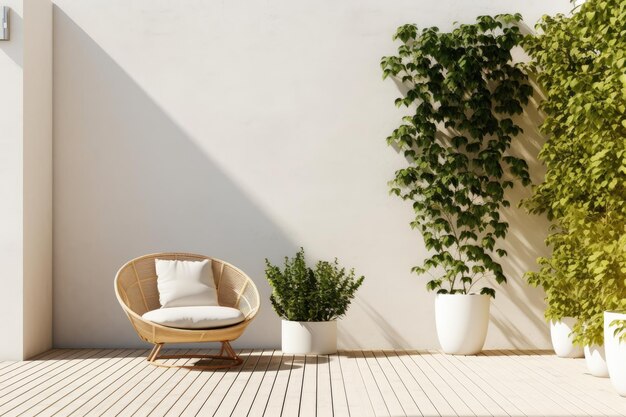 Ein Stuhl sitzt auf einem Holzboden neben lebendigen Topfpflanzen, die einen Hauch von Natur hinzufügen