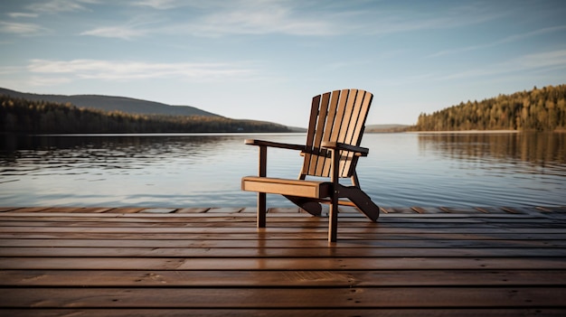 Ein Stuhl sitzt auf einem Holzdeck neben einem Wasserkörper