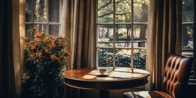 Foto ein stuhl sitzt neben einem tisch in der nähe eines fensters