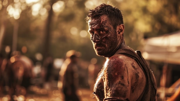 Ein Stunt-Performer, der voller Prellungen ist, zeigt stolz seine Schlachtnarben, nachdem er eine