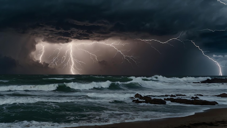 Foto ein sturm kommt über den ozean und der himmel ist ein gewittersturm
