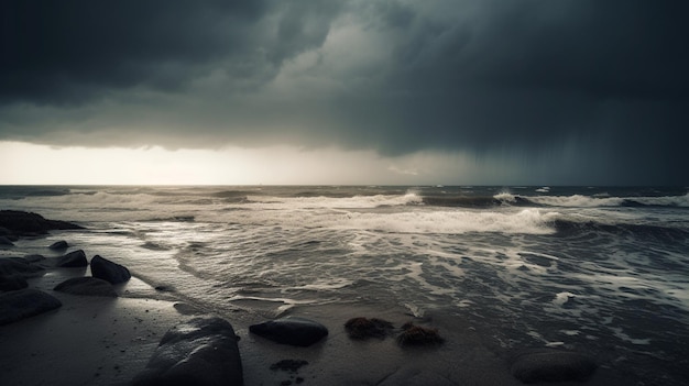 Ein Sturm über dem Meer mit dunklem Himmel und dunkler Wolke