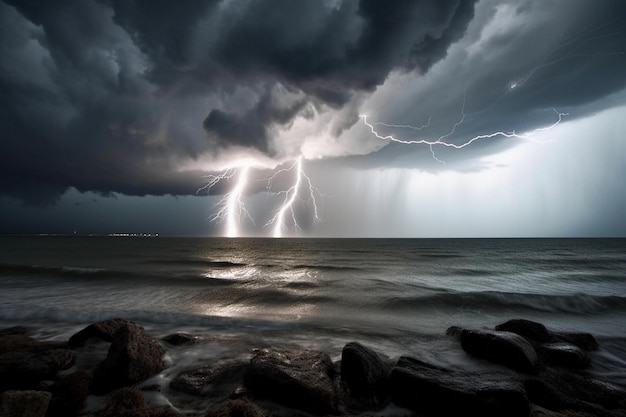 Foto ein sturm über dem ozean mit einem blitzeinschlag auf der linken seite.