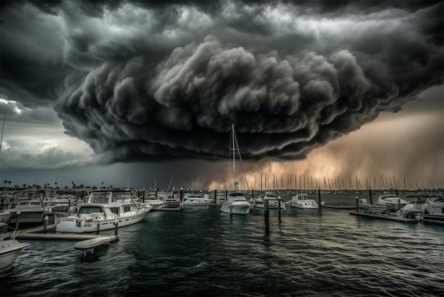 Ein Sturm über einem Jachthafen mit Booten und einem Boot im Hintergrund