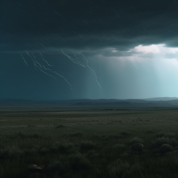 Ein Sturm zieht über ein Feld mit einem Feld und einem Gewitter.