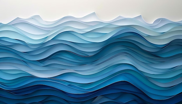 Ein subtiles Gradient von Papierschnitten in Blautönen, die einem ruhigen Ozean mit geschichteten Wellen ähneln