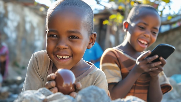 Ein südafrikanisches Kind lächelt bei einem Schokoladen-Ostereier, während ein anderes Kind telefoniert