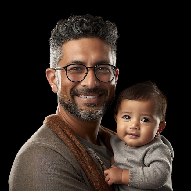 Ein südasiatischer Mann hält sein neues Baby und lächelt. Transparenter Hintergrund.