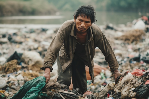 Foto ein südasiatischer mann sammelt plastik in einer schmutzigen müllhalde