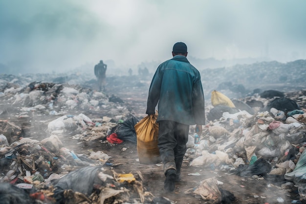 Ein südasiatischer Mann sammelt Plastik in einer schmutzigen Müllhalde