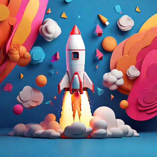 Ein süßer 3D-Cartoon, im Hintergrund startet eine Rakete, generiert von KI