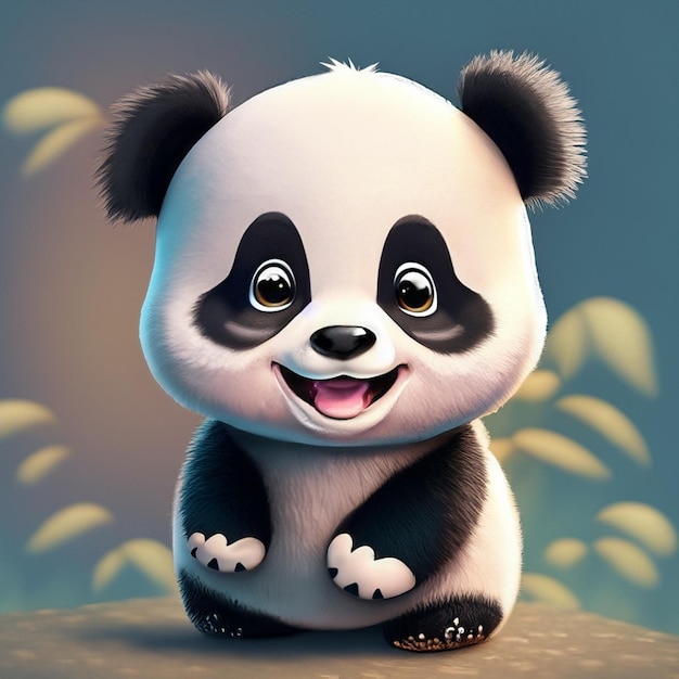 Foto ein süßer 3d-cartoon-panda mit dunkelbraunen augen und einem schönen lächeln