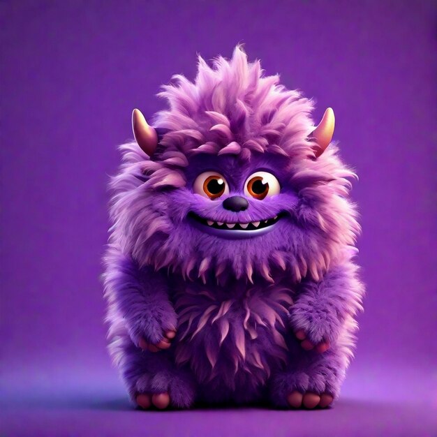 Ein süßer 3D-Lila-Cartoon-Fluffy-Monster-Charakter, der auf einem farbigen Hintergrund isoliert ist