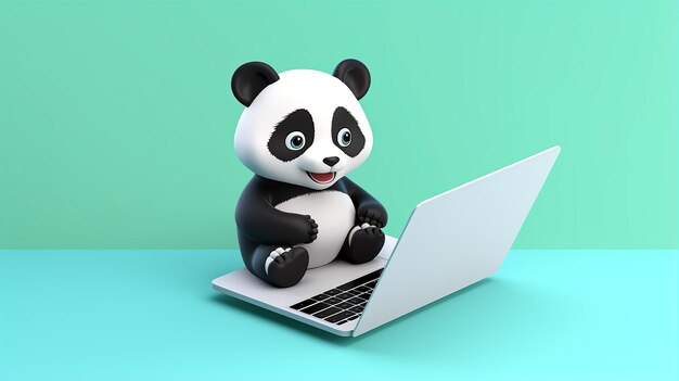 Ein süßer 3D-Panda benutzt einen Laptop auf einem farbenfrohen Hintergrund 16