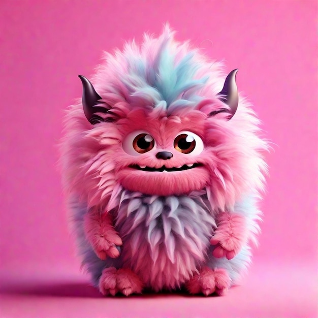 Ein süßer 3D-Pink-Cartoon-Fluffy-Monster-Charakter, der auf einem farbigen Hintergrund isoliert ist