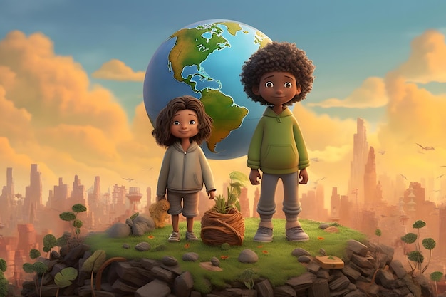 Ein süßer afroamerikanischer Junge und ein süßes afroamerikanisches Mädchen stehen neben einem Planeten Erde
