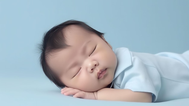 Ein süßer asiatischer kleiner Junge liegt auf dem Boden und schläft mit geschlossenen Augen vor einem hellblauen Hintergrund.
