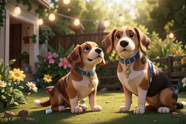 Ein süßer Beagle mit seinem Besitzer in der Gartenszene