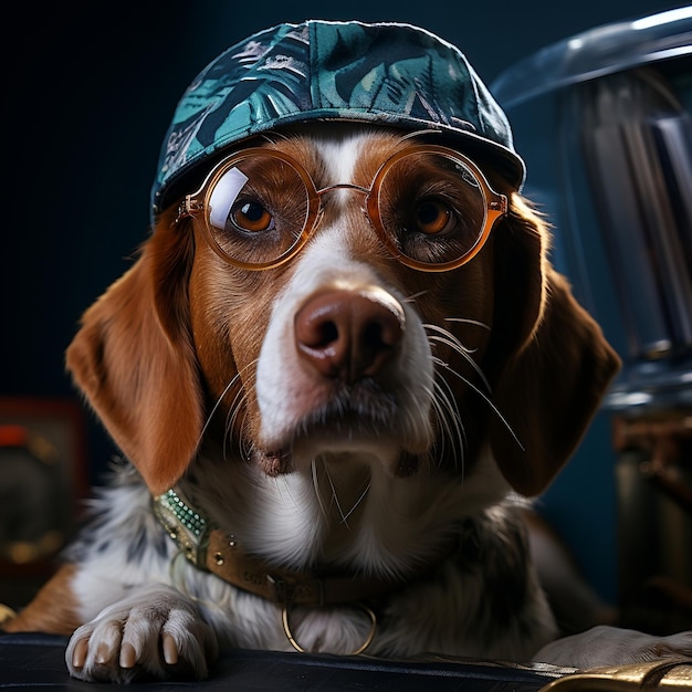 Ein süßer Beagle mit Sonnenbrille und Party-Mütze schaut durch ein Loch in weißem Papier