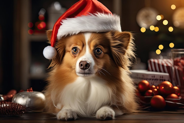 ein süßer Border Colie mit weihnachtlicher Weihnachtsmütze in einem Wohnzimmer, das mit wunderschönen Bokeh-Lichtern geschmückt ist