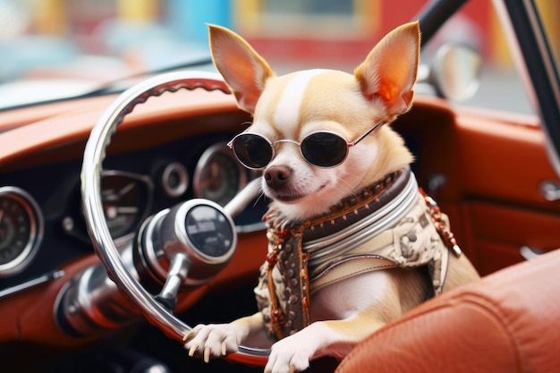 Ein süßer Chihuahua-Hund übernimmt das Steuer mit Sonnenbrille und erkundet während der Autofahrt die Straße