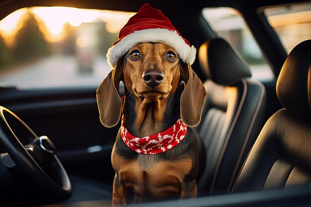 ein süßer Dachshund-Hund in einem Weihnachtsmannshut sitzt in einem Auto