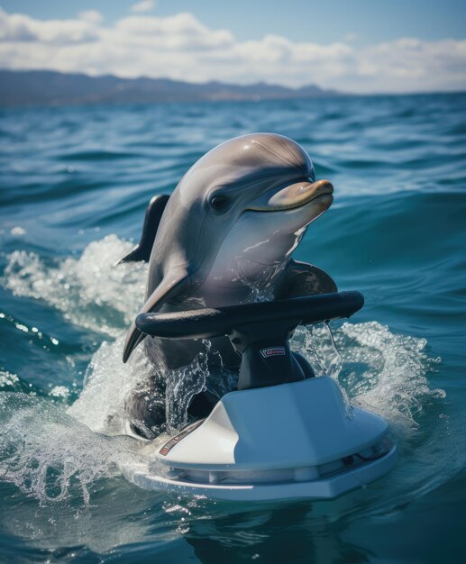 Foto ein süßer delphin auf einem sky jet-meerwasserfahrrad, der durch ein meer fährt