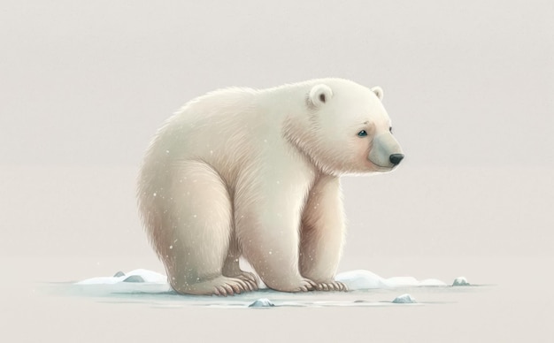 Ein süßer Eisbär auf Eis mit hellgrauem Hintergrund. Illustrationen für Kinder AI generiert