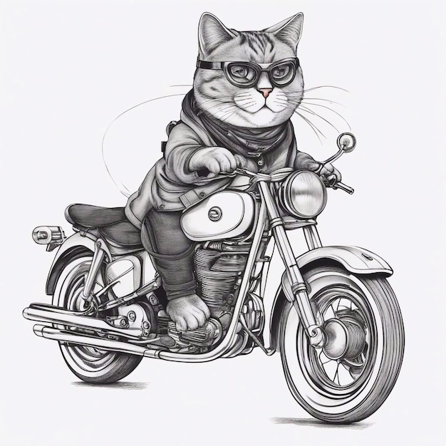 Foto ein süßer fetter katzenhelm, der auf einem motorrad aquarellierte skizze generative ki-illustration im grunge-stil