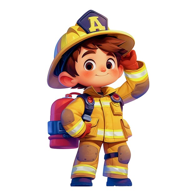 Ein süßer Feuerwehrmann in seinem Arbeitsanzug und Schutzhelm mit einem Feuerlöscher auf dem Rücken