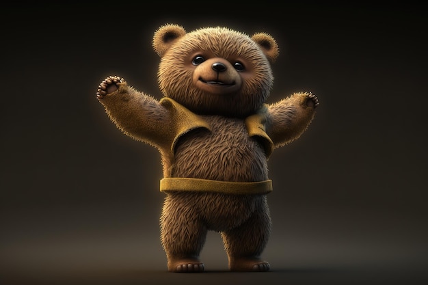 Ein süßer fröhlicher Teddybär steht mit erhobenen Händen Generative AI
