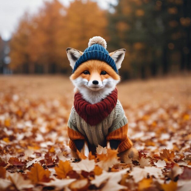 Ein süßer Fuchs, der für die Herbstsaison einen Pullover und eine Mütze trägt