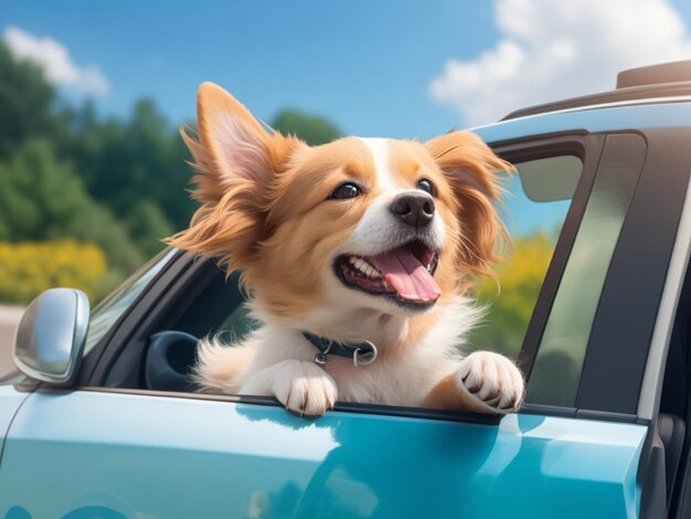 Ein süßer, glücklicher Hund, der aus dem Autofenster schaut.