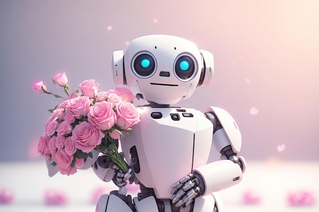 Ein süßer, glücklicher Roboter hält einen Strauß rosafarbener Blumen in der Hand