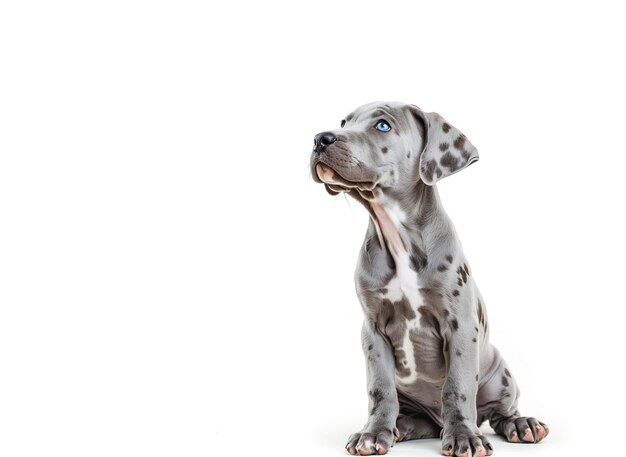 Foto ein süßer grauer hund sitzt auf einem weißen hintergrund